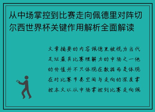 从中场掌控到比赛走向佩德里对阵切尔西世界杯关键作用解析全面解读